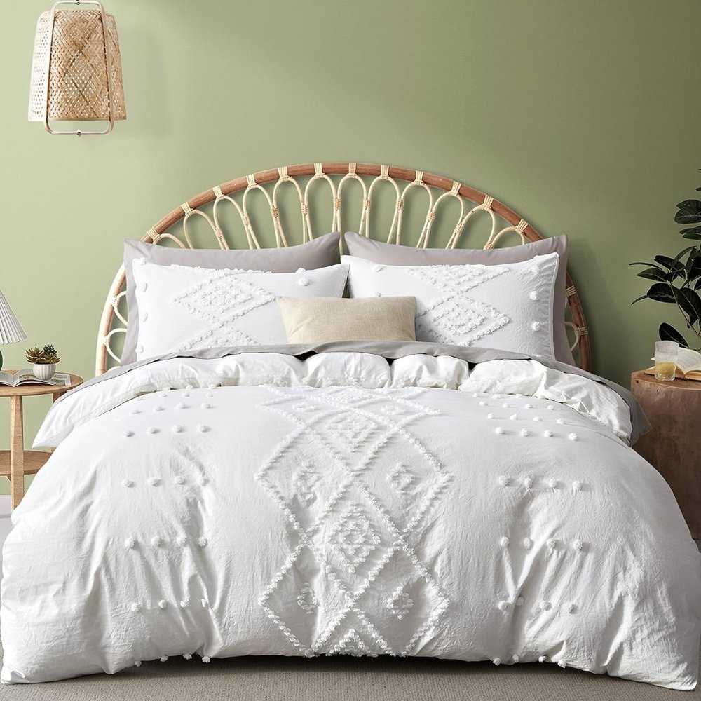 NEW Boho White Tufted Style Jungalow Bohemian Queen 3PC DUVET Cover Bedding SET